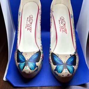 Blue and Cream Heels with Butterfly Design